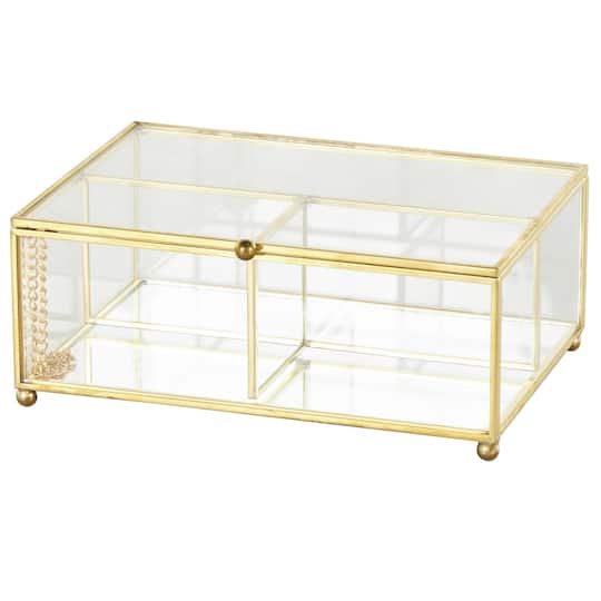 Ivory and Iris; 7" x 5" x 3" Clear & Gold 3-Slot Glass & Metal Jewelry Box with Chain Accent; Category:Jewelry Storage; Image:1